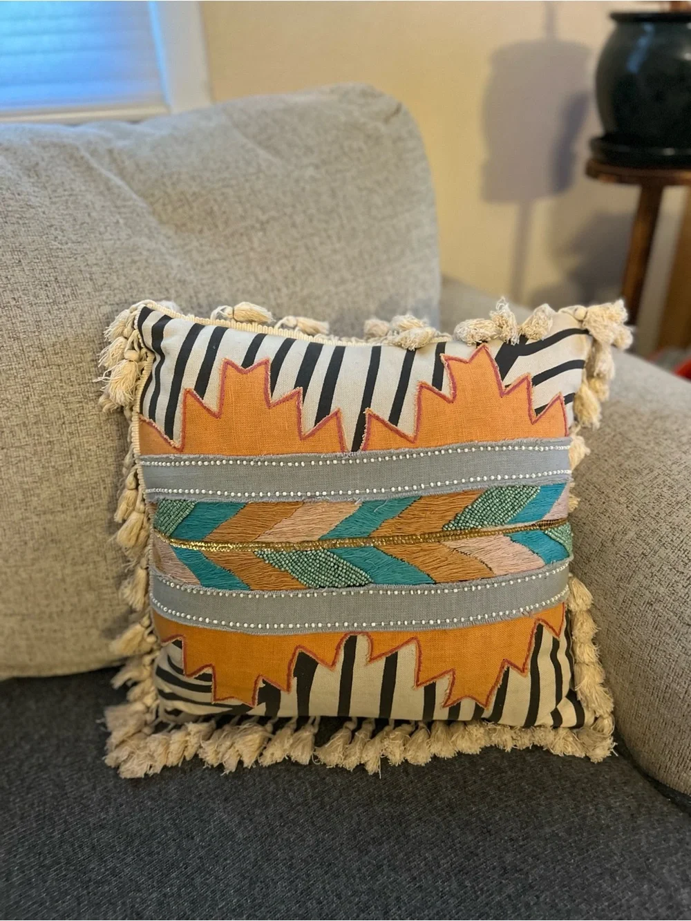 Anthropologie Hand Embroidered Boho Throw Pillow Tassel Beaded Accent Teal